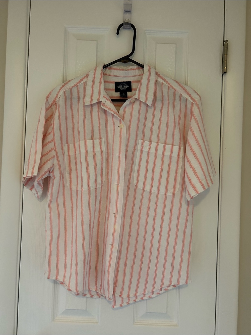 Short-Sleeve Button-Up Shirt in White and Coral Stripe